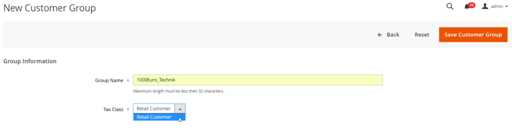 Screenshot New Customer Group anlegen in Magento