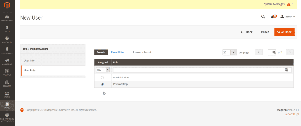 Rechte und Rollen in Magento - New User
