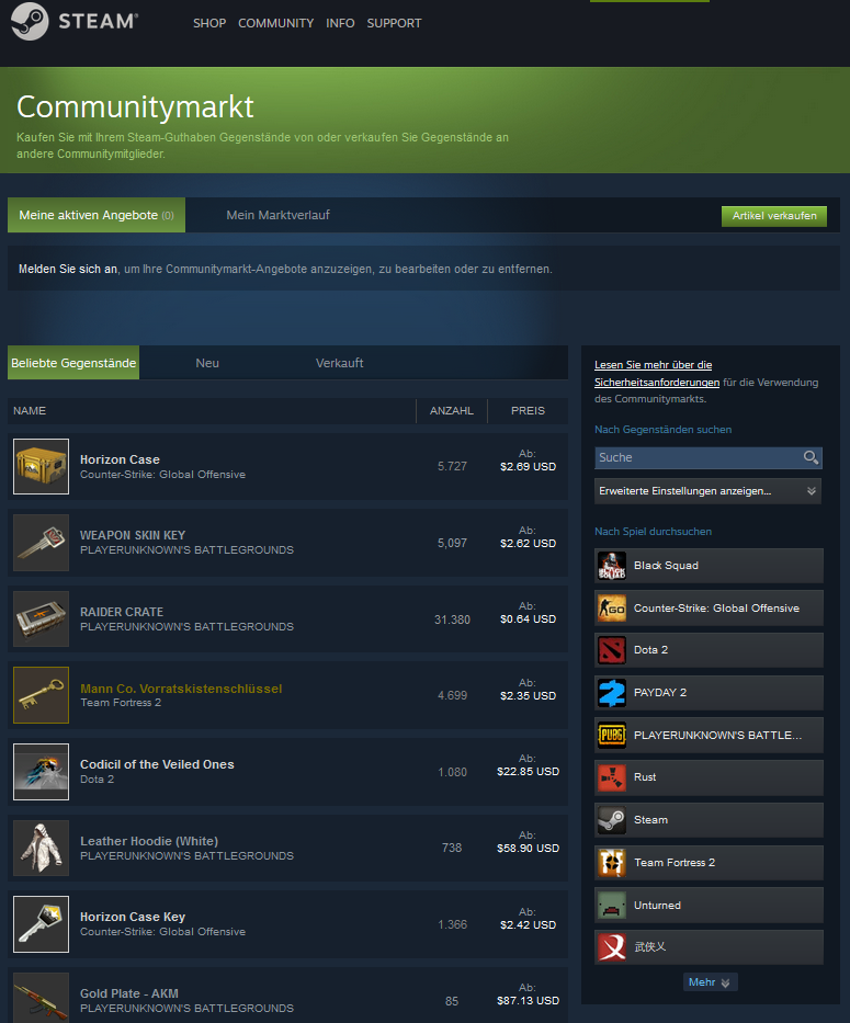 Mikrotransferaktionen - Steam Community Market / Quelle: https://steamcommunity.com/market