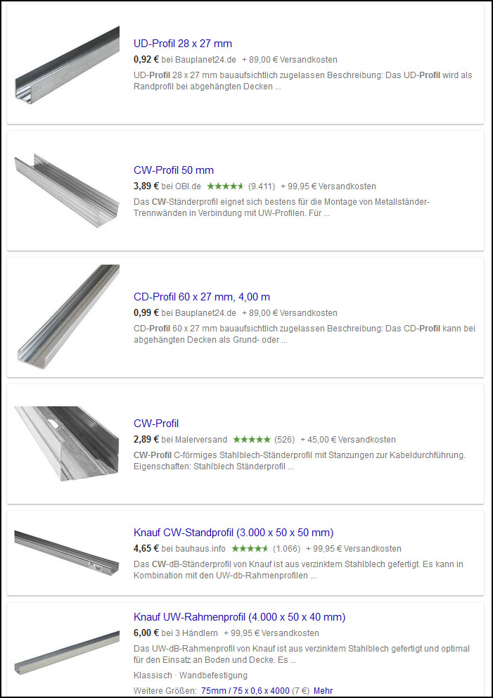 Bei Google Shopping gibt es jede Menge Treffer zu CW-Profilen. 