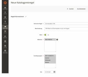 Magento Katalogpreisregel Regelinformationen