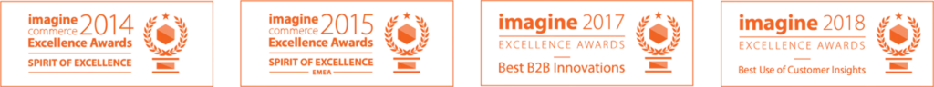 Eine Reihe von vier Award-Badges der Magento Imagine in Orange