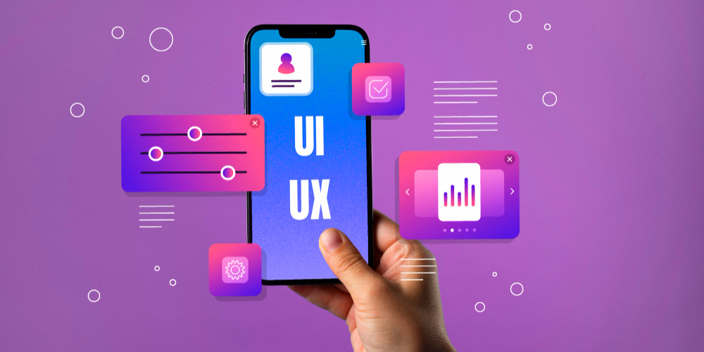 Smartphone mit Schriftzug "UI / UX" und seitliche Kommentarblasen