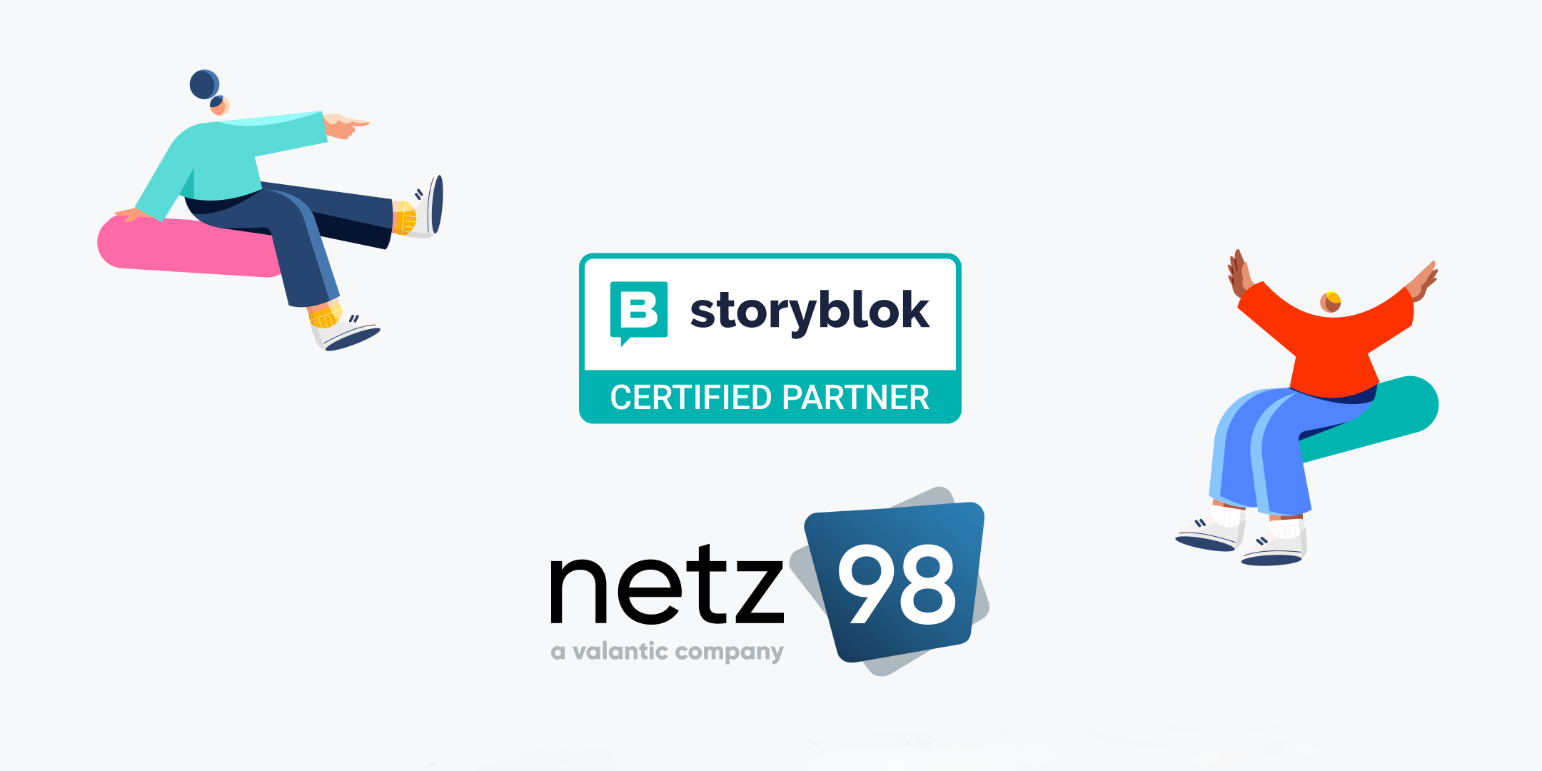 Logos von netz98 und storyblok sowie zwei Figuren, die sich freuen und die Logos links oben und rechts mittig einrahmen